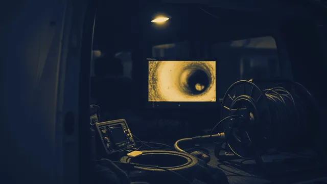 Monitor in een bestelwagen toont het beeld van een rioolcamera, haspel ernaast