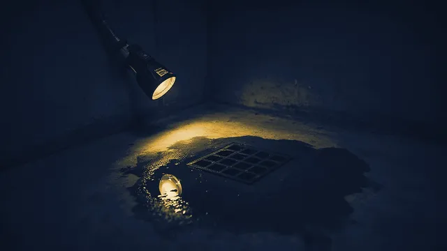 Vochtige kelderhoek met een plas water rond een vloerputje