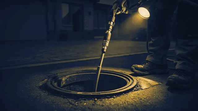 Geopende rioolput in een oprit met een hogedrukslang die erin afdaalt