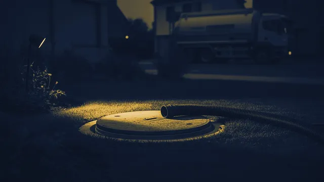 Betonnen deksel van een septische put in een gazon, ruimingswagen op de achtergrond