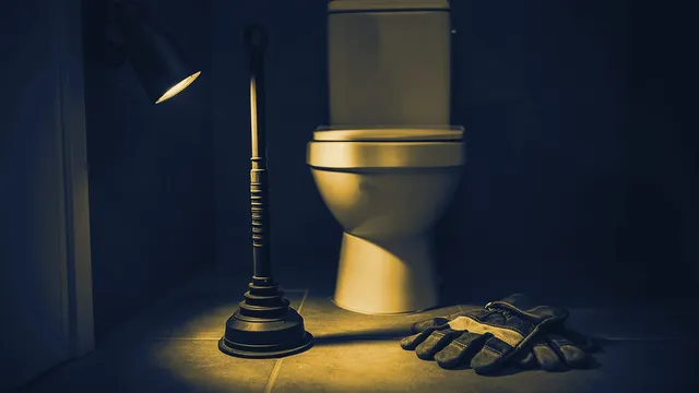 Professionele plopper naast een wit toilet in een donkere badkamer